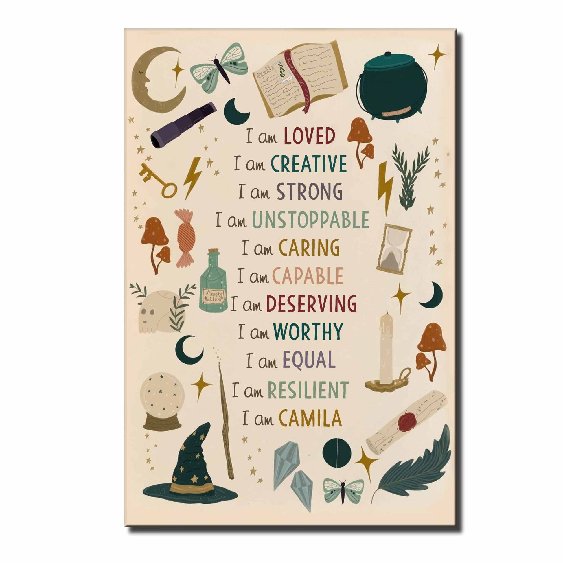 Custom kids affirmation poster featuring a magical witch hat, wand, and stars personalized for a child image 9