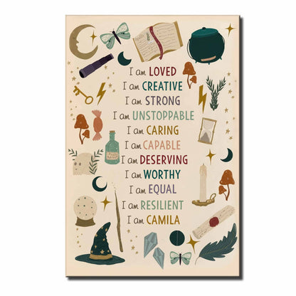 Custom kids affirmation poster featuring a magical witch hat, wand, and stars personalized for a child image 9