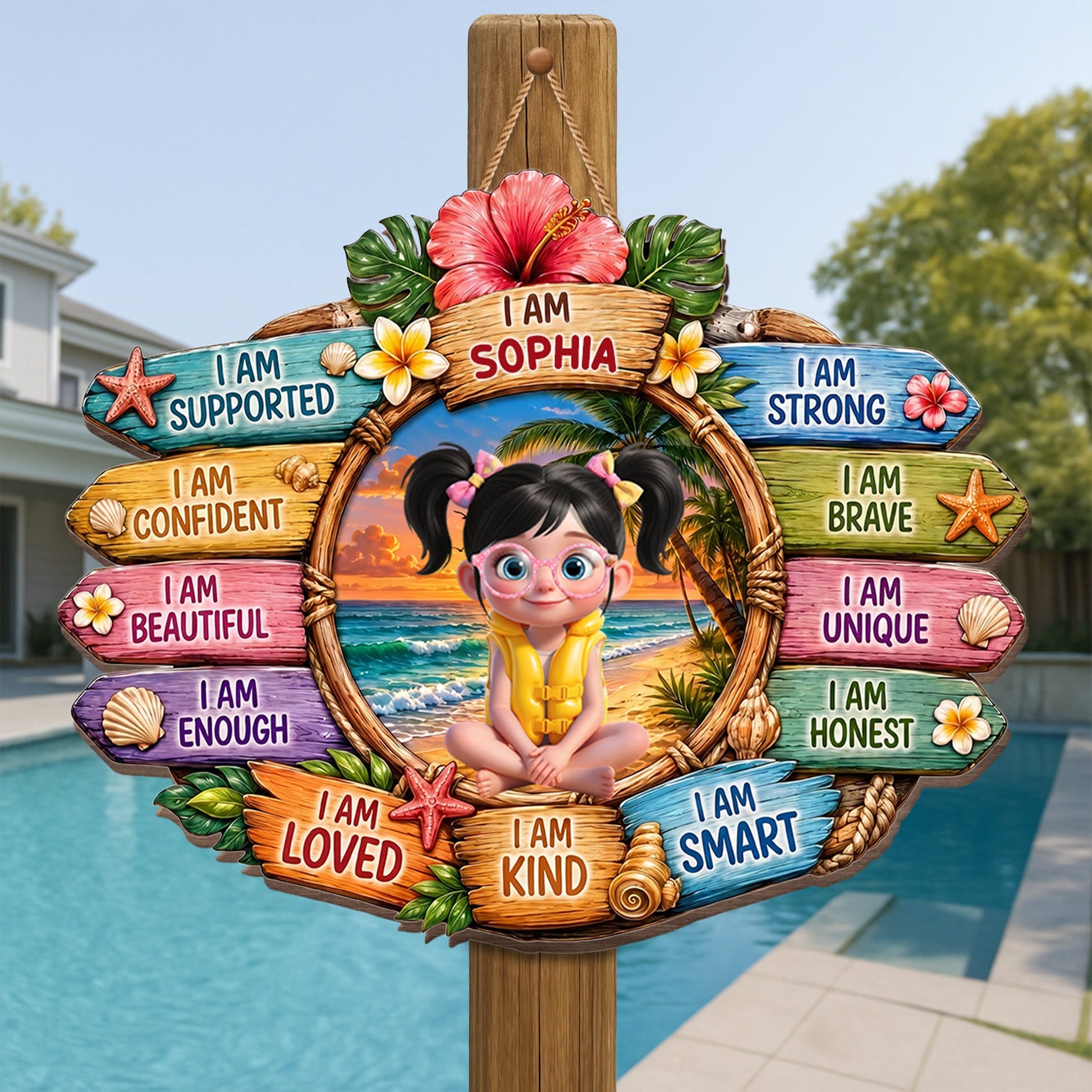 Personalized kids affirmations wood sign with a custom name, beach girl illustration, and daily positive mantras