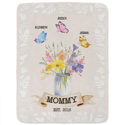 Gift For Grandma, Gift For Mother - Grandma Mom Est Butterfly - Personalized Fleece Blanket, Sherpa Blanket