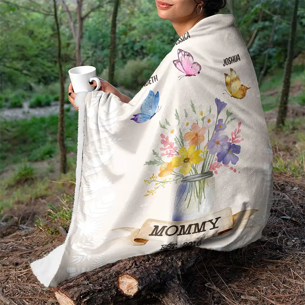 Gift For Grandma, Gift For Mother - Grandma Mom Est Butterfly - Personalized Fleece Blanket, Sherpa Blanket