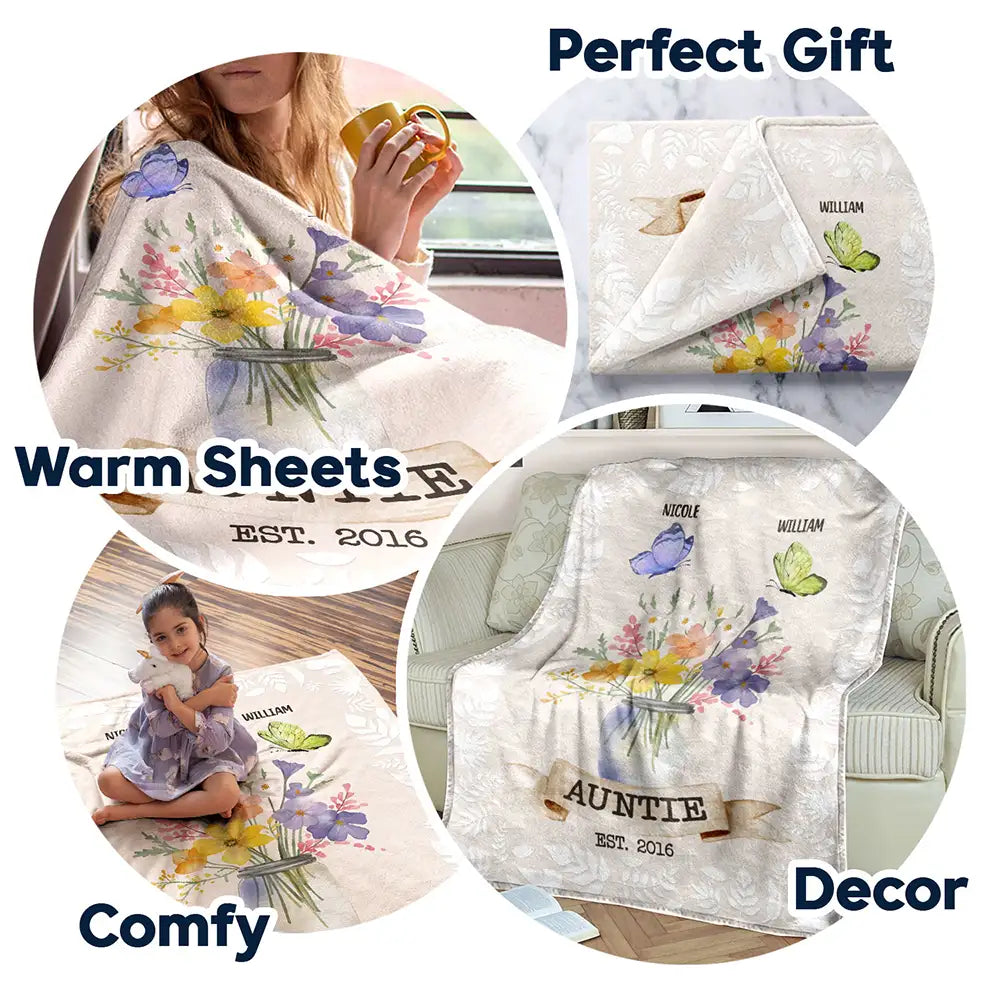 Gift For Grandma, Gift For Mother - Grandma Mom Est Butterfly - Personalized Fleece Blanket, Sherpa Blanket