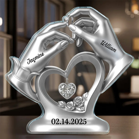 Custom anniversary wedding acrylic plaque with 3D inflated metallic hands holding engagement ring for couples