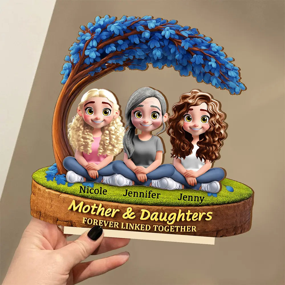Gift For Mother,Mom - Daughters (Adult),Happy - Mother Daughter Under The Tree Forever Linked Together - Personalized Custom Shaped 2-Layered Wooden Plaque