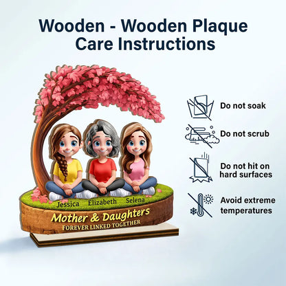 Gift For Mother,Mom - Daughters (Adult),Happy - Mother Daughter Under The Tree Forever Linked Together - Personalized Custom Shaped 2-Layered Wooden Plaque