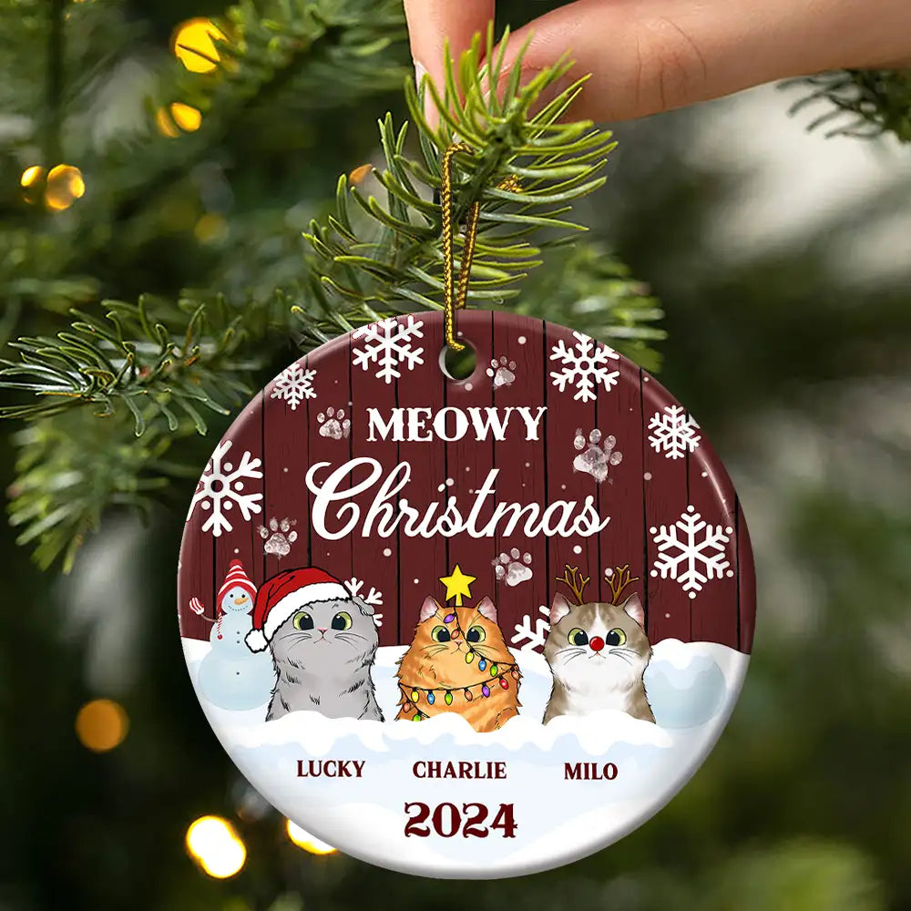 Meowy Christmas - Christmas Gift For Cat Lovers - Personalized Custom Circle Ceramic Ornament