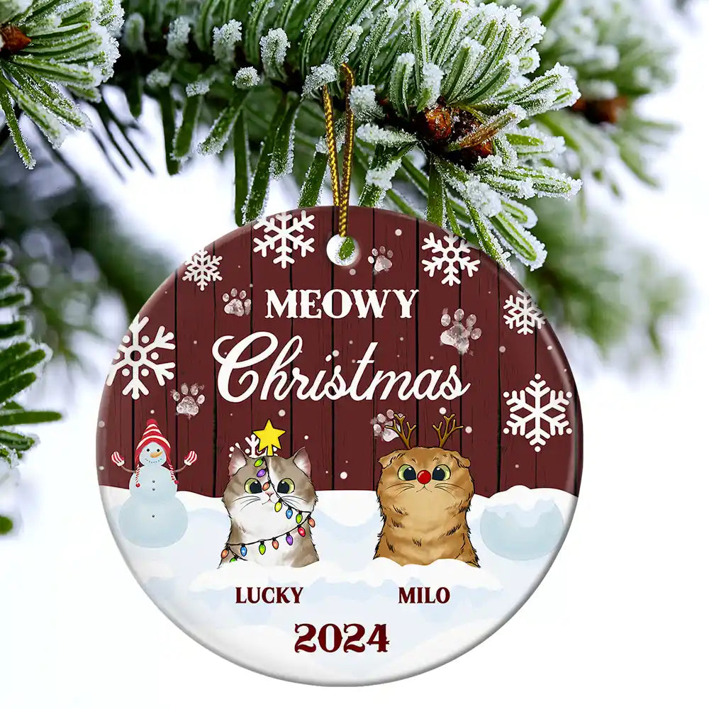 Meowy Christmas - Christmas Gift For Cat Lovers - Personalized Custom Circle Ceramic Ornament