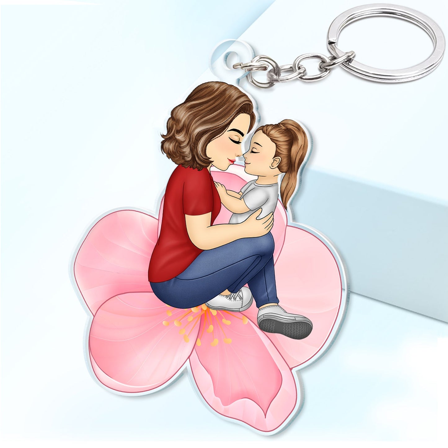 Grandma Mother And Child Sitting On A Flower - Gift For Mother And Grandma - Personalized Cutout Acrylic Keychain