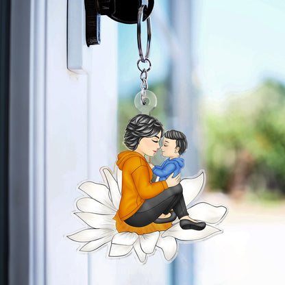 Grandma Mother And Child Sitting On A Flower - Gift For Mother And Grandma - Personalized Cutout Acrylic Keychain