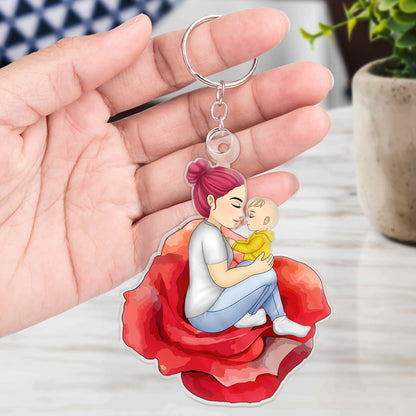 Grandma Mother And Child Sitting On A Flower - Gift For Mother And Grandma - Personalized Cutout Acrylic Keychain