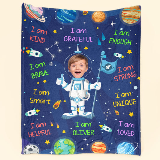 Kid Affirmations I Am Kind Smart Loved Astronaut - Personalized Photo Blanket
