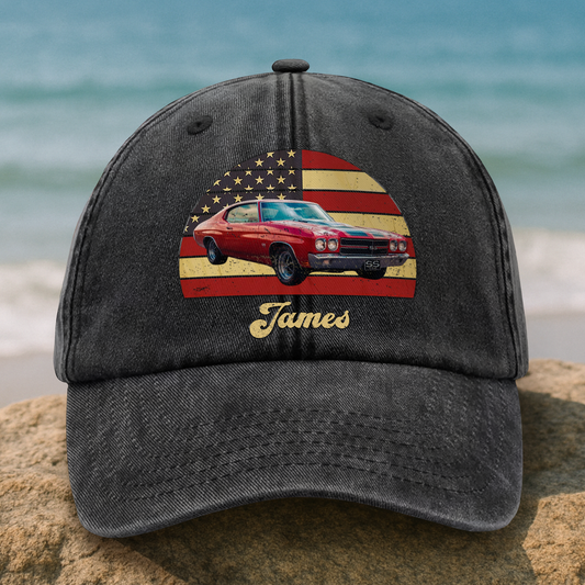 Custom photo vintage car baseball hat in washed denim for dad or car lovers birthday gift