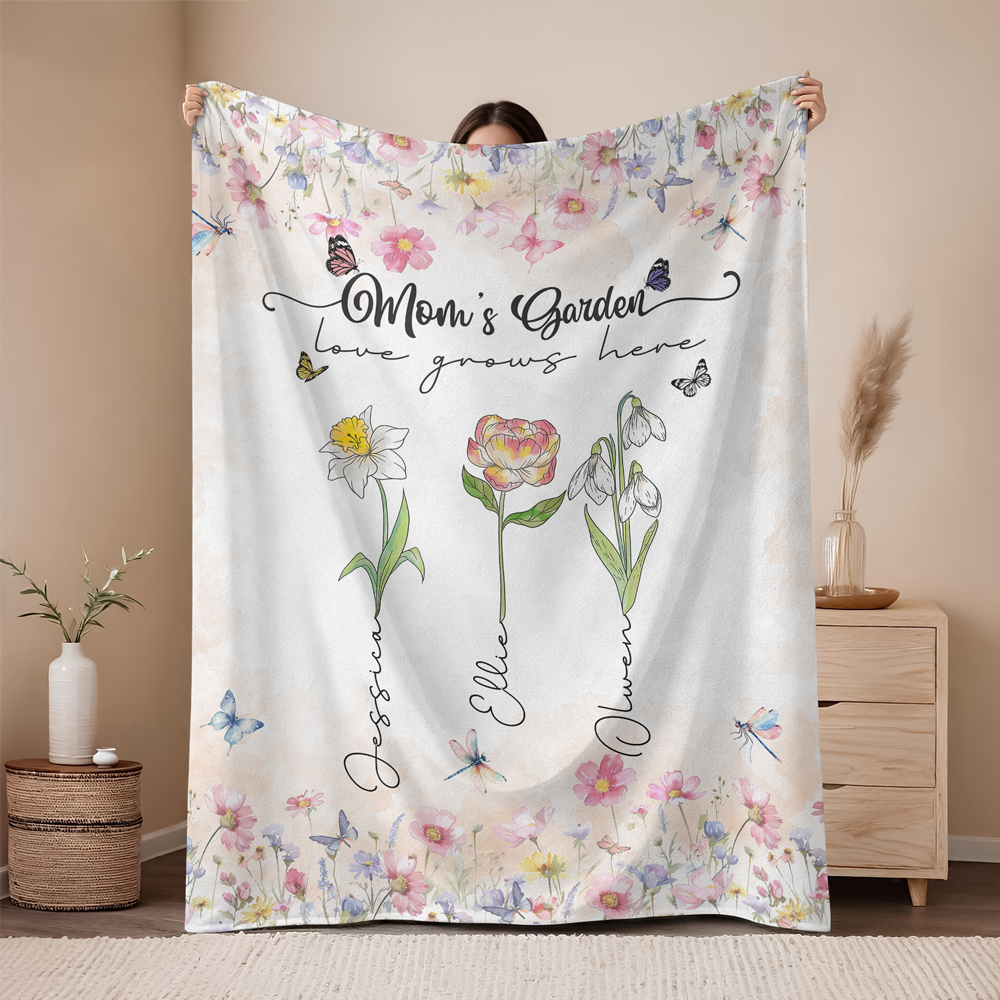 Personalized 'Love Grows Here' Family Garden Blanket with Names for Mom