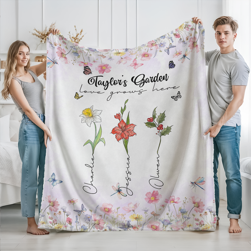 Personalized 'Love Grows Here' Family Garden Blanket with Names for Mom