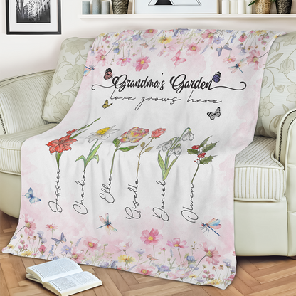 Personalized 'Love Grows Here' Family Garden Blanket with Names for Mom