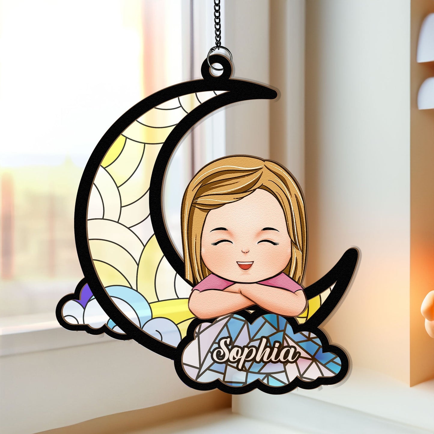 Little Kid On The Moon - Personalized Window Hanging Suncatcher Ornament