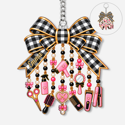 Personalized Hair Stylist Bow Acrylic Keychain - Custom Hairdresser Name & Salon Tool Charm Gift