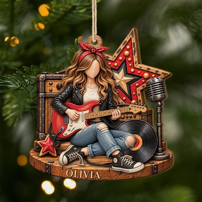 Rock Guitar Player Personalized Wooden Ornament - Custom Name Keepsake for Music Lovers