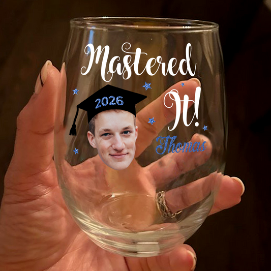 “Mastered It” Custom Funny Face Wine Glass - Personalized Graduation Gift