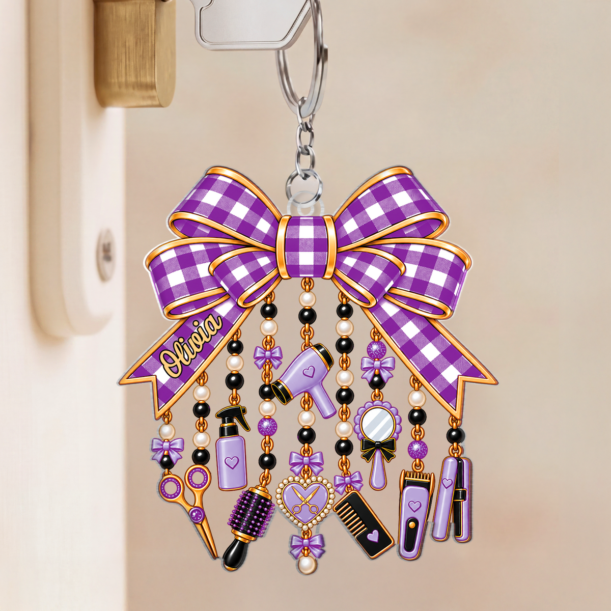 Personalized Hair Stylist Bow Acrylic Keychain - Custom Hairdresser Name & Salon Tool Charm Gift