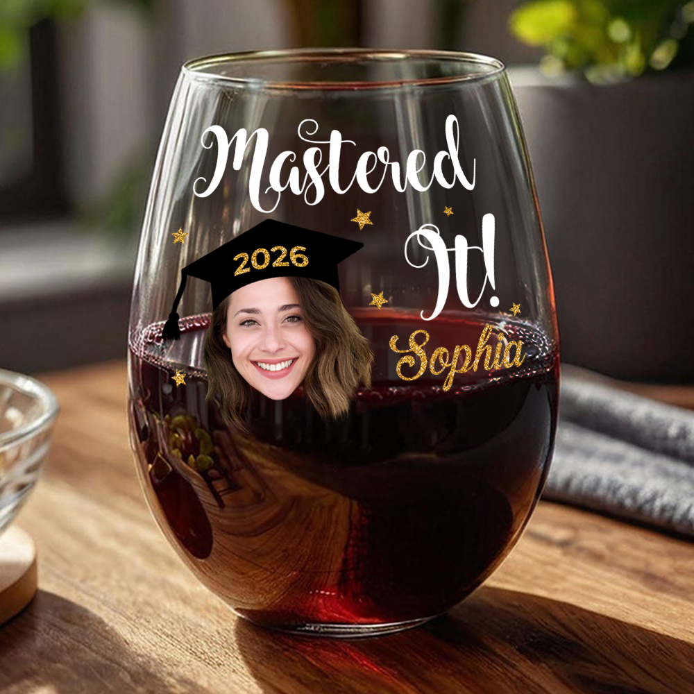 “Mastered It” Custom Funny Face Wine Glass - Personalized Graduation Gift