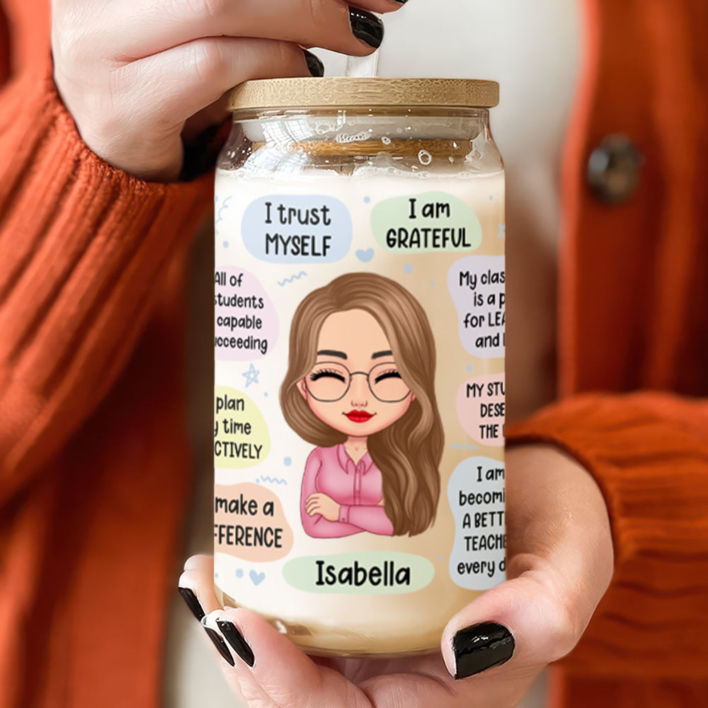 Teacher Daily Affirmations Personalized Glass Can - Custom Gift for Educator