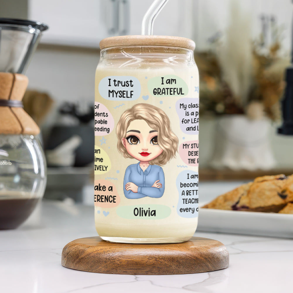Teacher Daily Affirmations Personalized Glass Can - Custom Gift for Educator