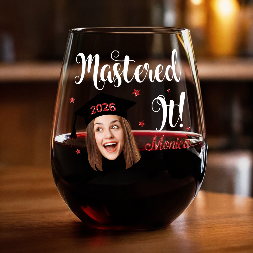 “Mastered It” Custom Funny Face Wine Glass - Personalized Graduation Gift