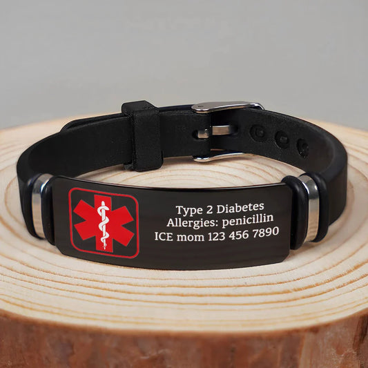 Personalized medical alert bracelet with red medical caduceus logo and custom emergency contact info for parents