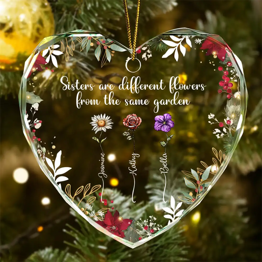 Gift For Sisters,Grandma - Grandkids,Gift For Grandma,Family,Christmas - Family Are Different Flowers From The Same Garden - Personalized Heart Shaped Glass Ornament
