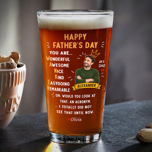 Personalized dad beer glass featuring a custom photo and funny acronym print for Father's Day gift