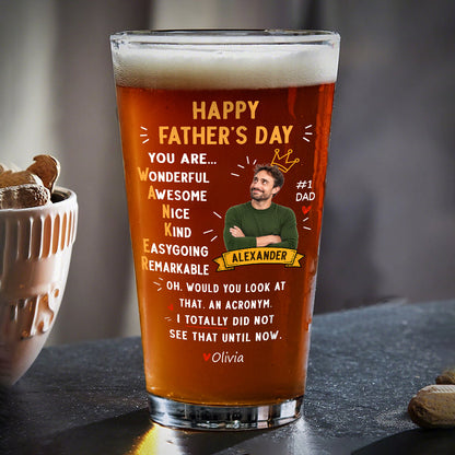 Personalized dad beer glass featuring a custom photo and funny acronym print for Father's Day gift