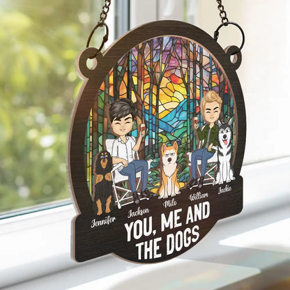 Camping You, Me And The Dogs - Personalized Window Hanging Suncatcher Ornament