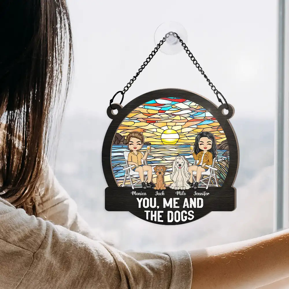 Camping You, Me And The Dogs - Personalized Window Hanging Suncatcher Ornament