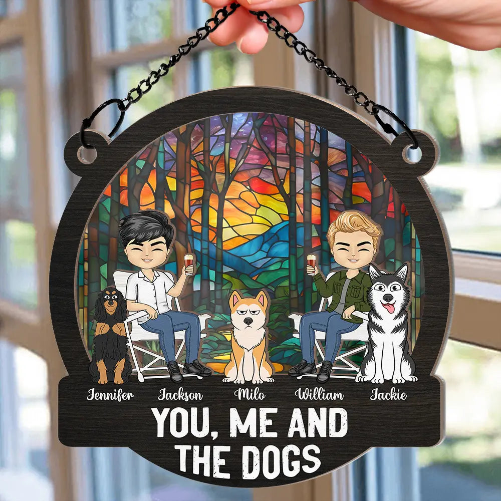 Camping You, Me And The Pets - Personalized Window Hanging Suncatcher Ornament