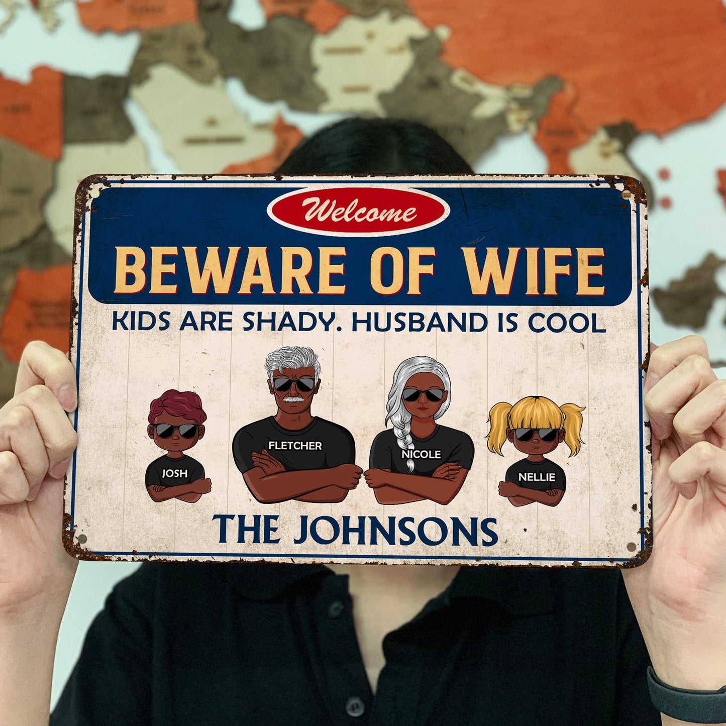 Family Couple And Kids Beware Of Wife - Personalized Custom Classic Metal Signs