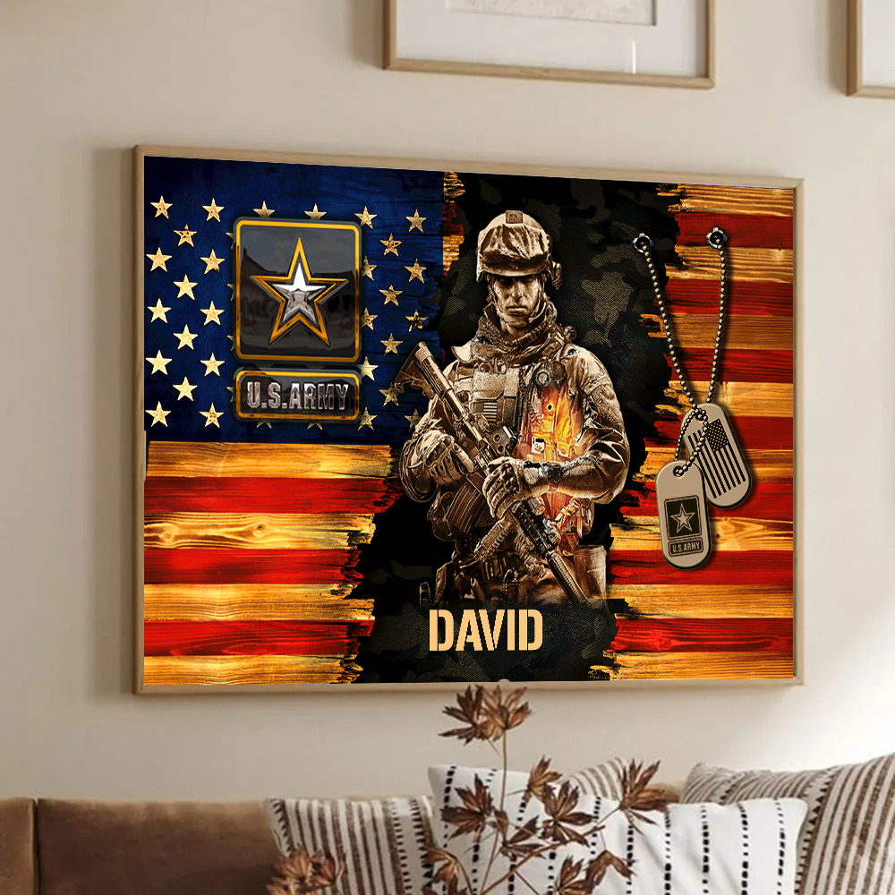 Personalized American Soldier Rustic Flag Canvas / Poster - A Gift of Honor for Dad, Grandpa & Veterans