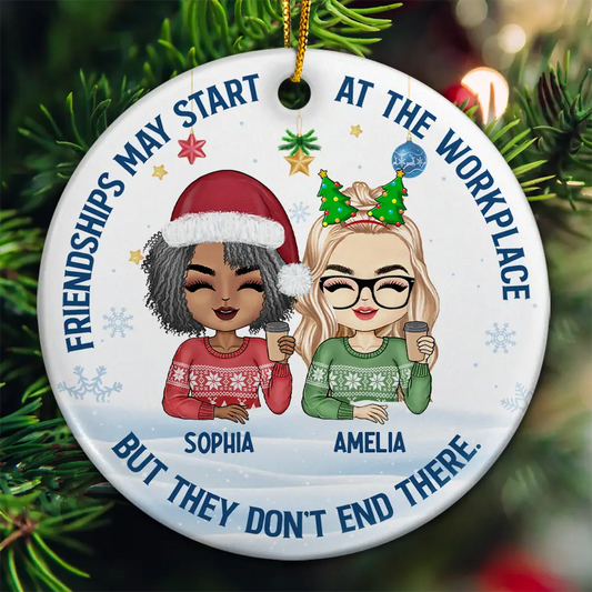 Friendships May Start At The Workplace Christmas Colleagues Chibi - Personalized Circle Ceramic Ornament