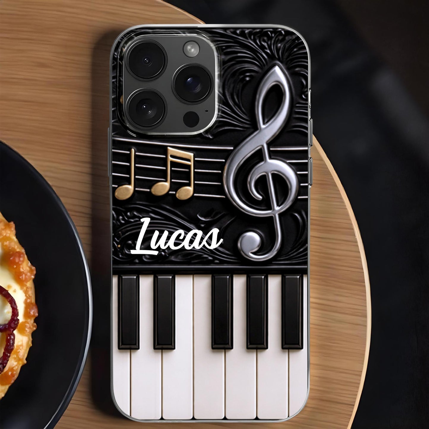 Personalized music phone case with custom name, piano keys, and treble clef design for music lovers