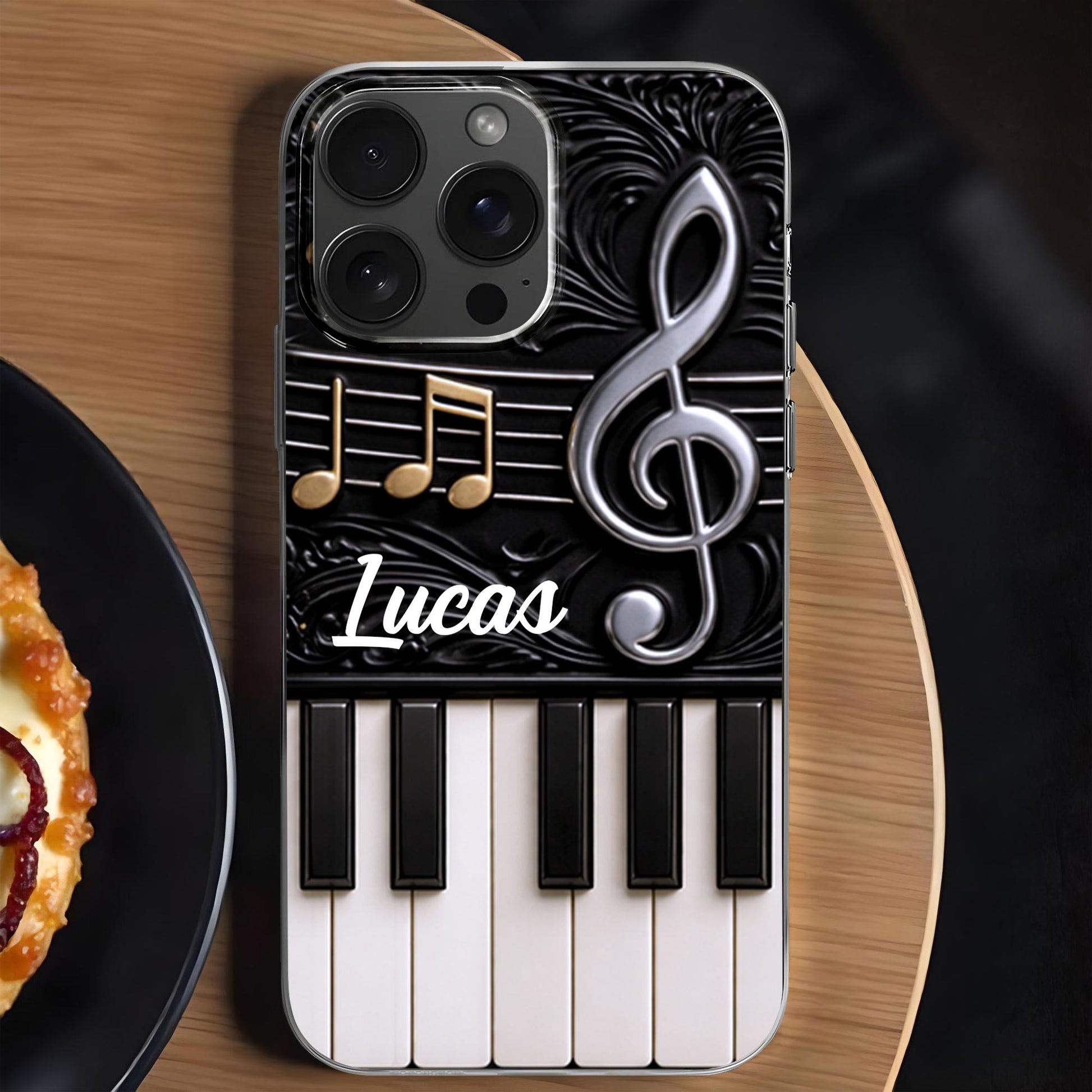 Personalized music phone case with custom name, piano keys, and treble clef design for music lovers