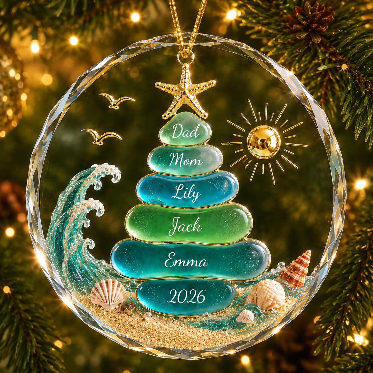 Sea Glass Christmas Tree Ornament - Personalized Glass Keepsake for Family