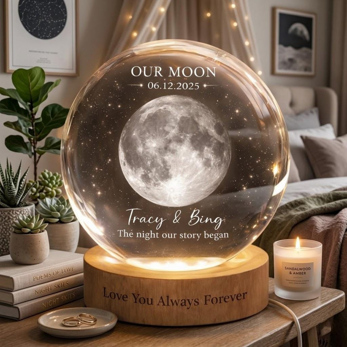 Custom moon phase night light with wooden LED base - personalized anniversary crystal ball gift for couples image 6