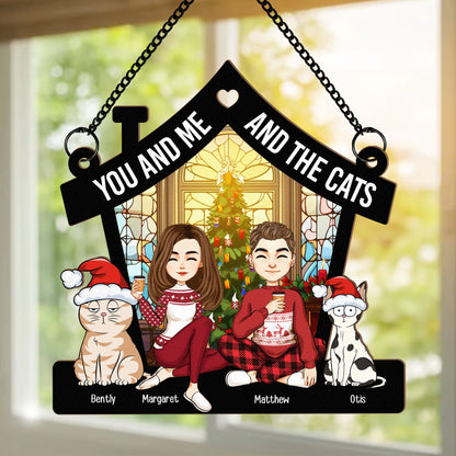 Merry Christmas Couple With Pets - Personalized Window Hanging Suncatcher Ornament