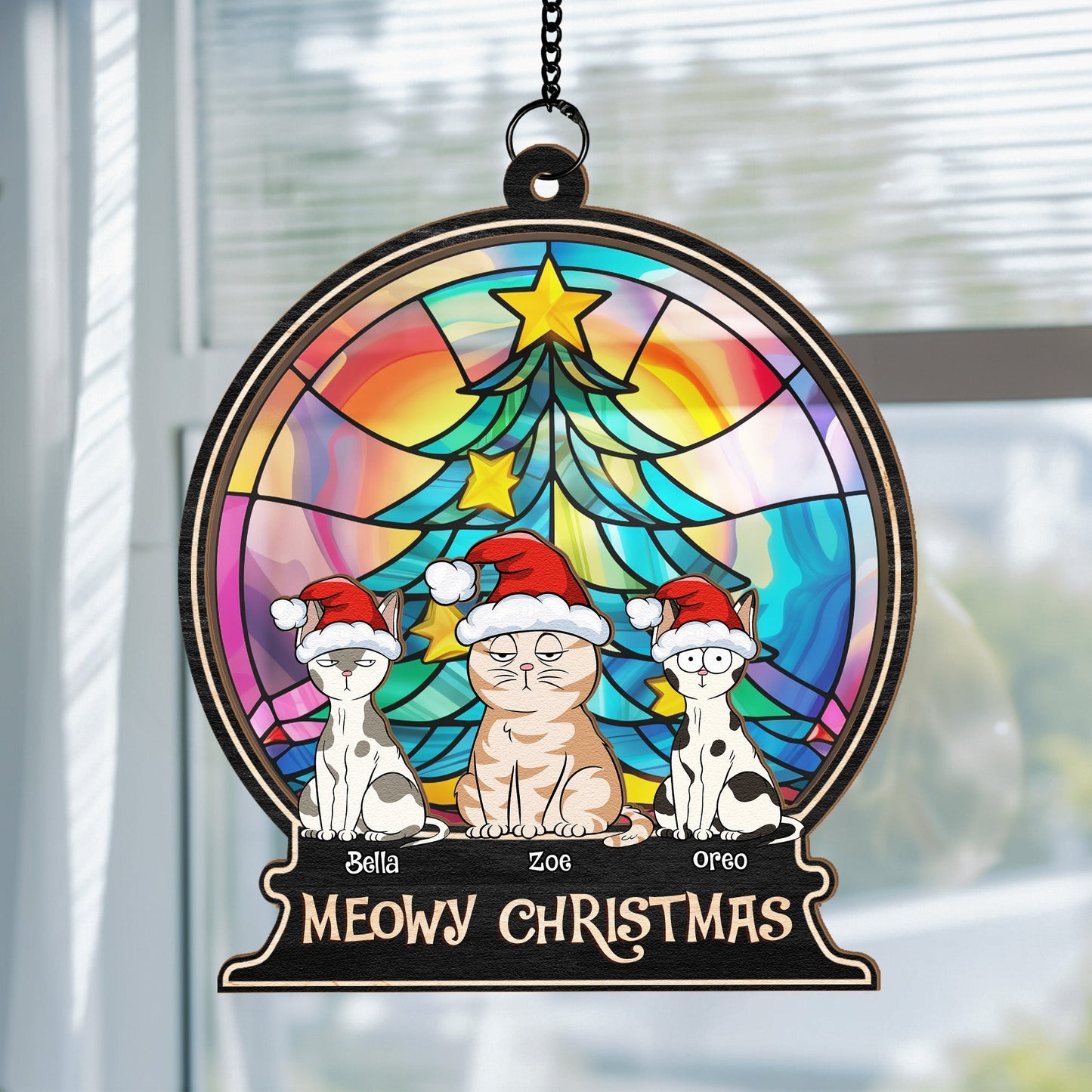 Merry Christmas With Fur Babies - Personalized Window Hanging Suncatcher Ornament