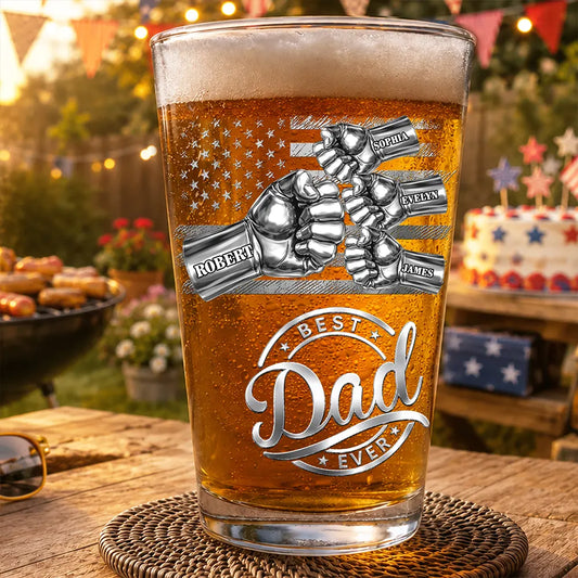 Personalized dad fist bump beer glass with custom kids' names and American flag design