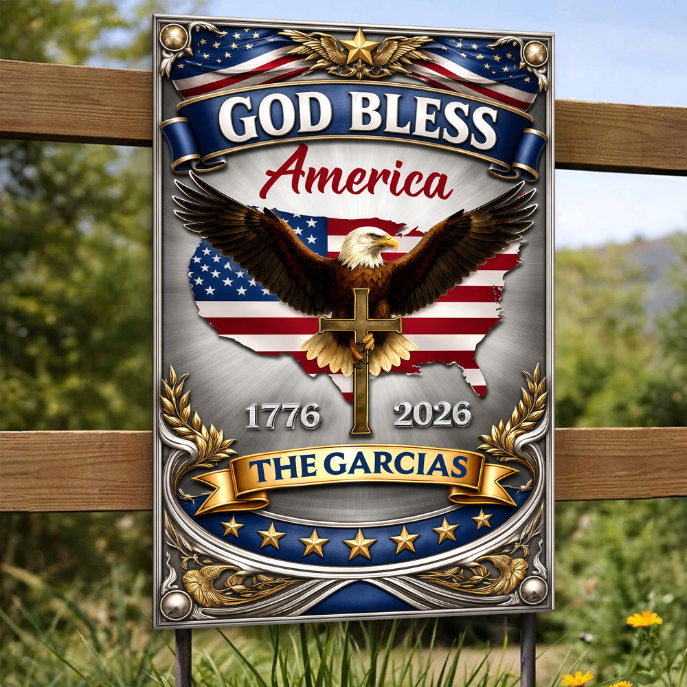 250th Anniversary God Bless America Metal Sign - Custom Name Eagle Decor