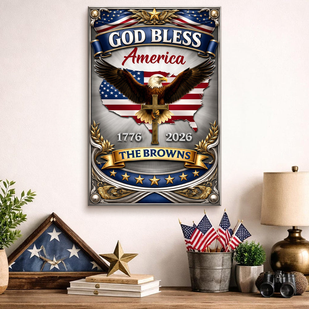 250th Anniversary God Bless America Metal Sign - Custom Name Eagle Decor