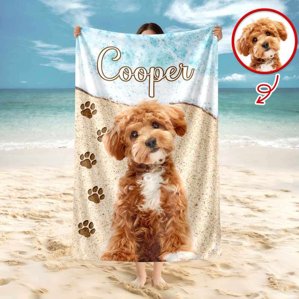 Personalized dog photo beach towel with custom name - unique summer gift for pet lovers