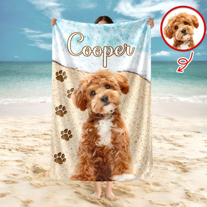 Personalized dog photo beach towel with custom name - unique summer gift for pet lovers