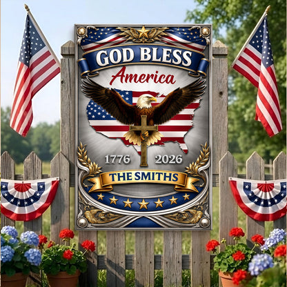 250th Anniversary God Bless America Metal Sign - Custom Name Eagle Decor